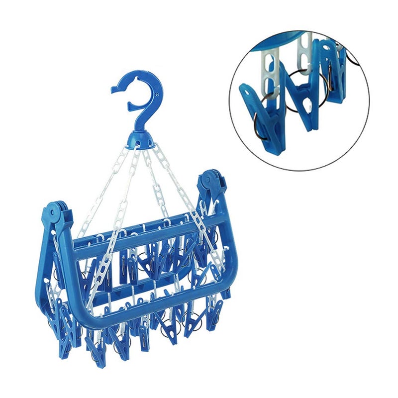 SteelFever Clothes Drying Hanger with 32 Clips, Foldable Hanging Drying Rack for Clothes Underwear Socks (Blue) - Image 4